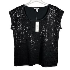 Joan Vass : NEW $198 Black Sequin Scoop Neck Knit Short Sleeve Top : 3 / XL